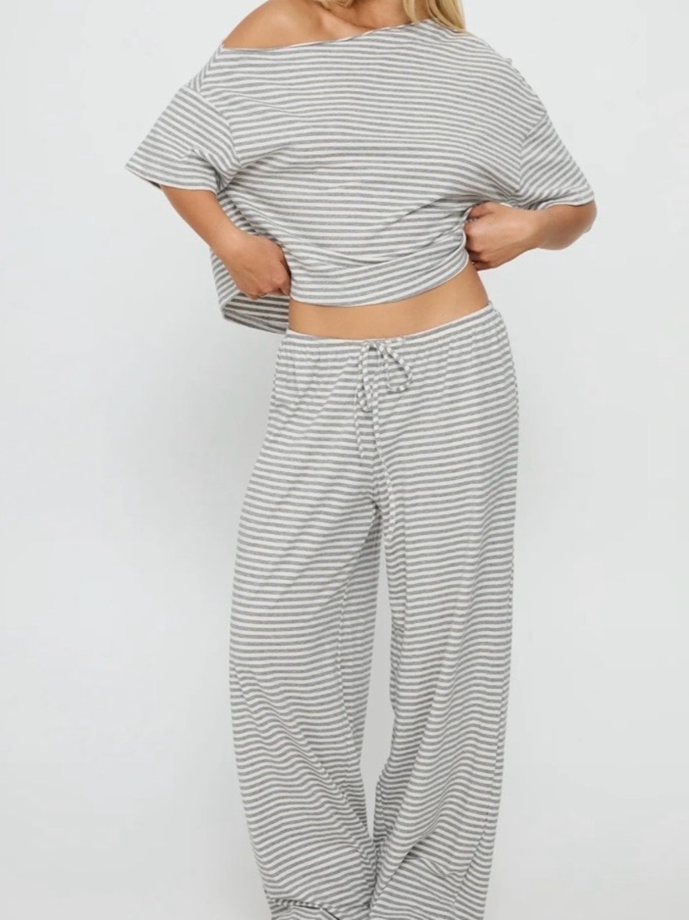 New  Princess Poly Tobie Off Shoulder Sleep Set Grey Stripe Retail $74